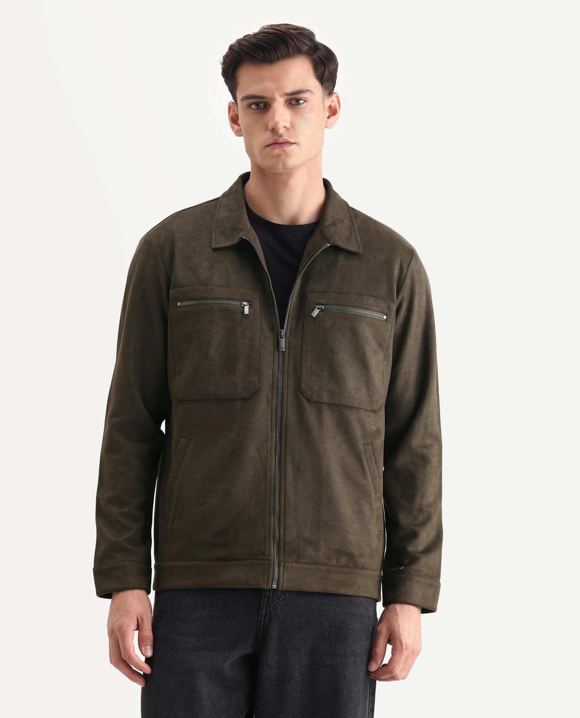 Rare Rabbit Men's Bax-25 Dark Olive Polyester Blend Plain Relaxed Fit Full Sleeve Spread Collar Jacket - Image 4