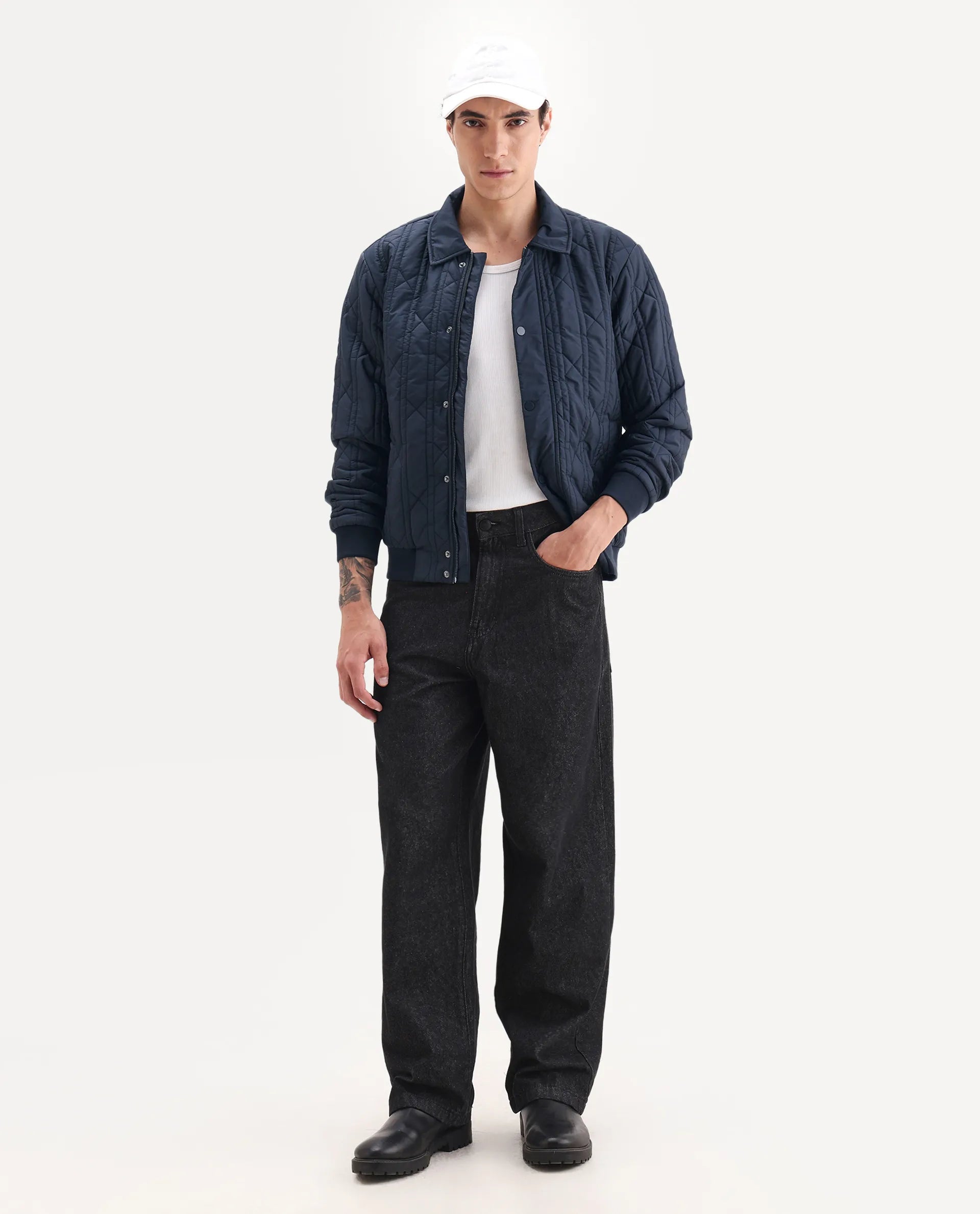 Rare Rabbit Men's Boscod Dark Navy Polyester Fabric Collared Neck Relaxed Geometric Print Jacket - Image 3