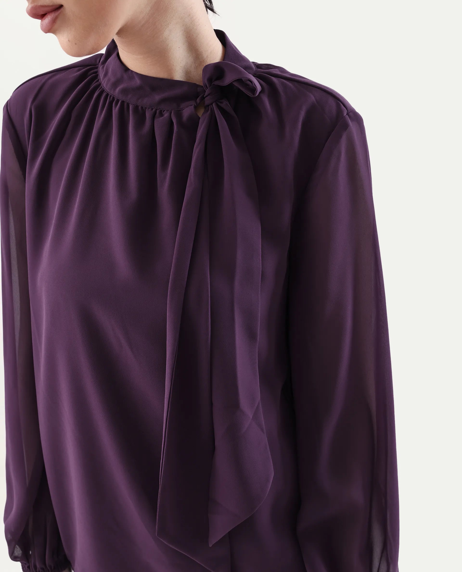 Rareism Women's Elden Maroon Polyester Tie-Up Neck Regular Fit Plain Top - Image 3