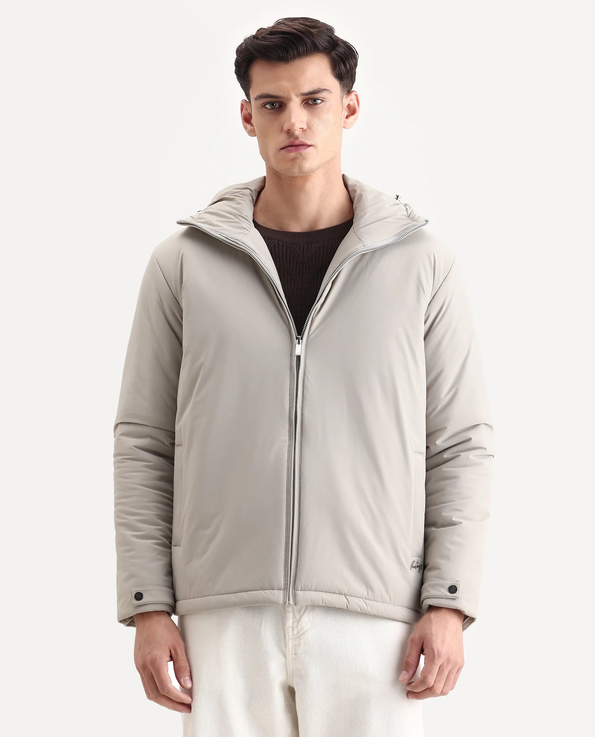 Rare Rabbit Men's Kost Light Grey Nylon Fabric High Neck Relaxed Plain Jacket - Image 4