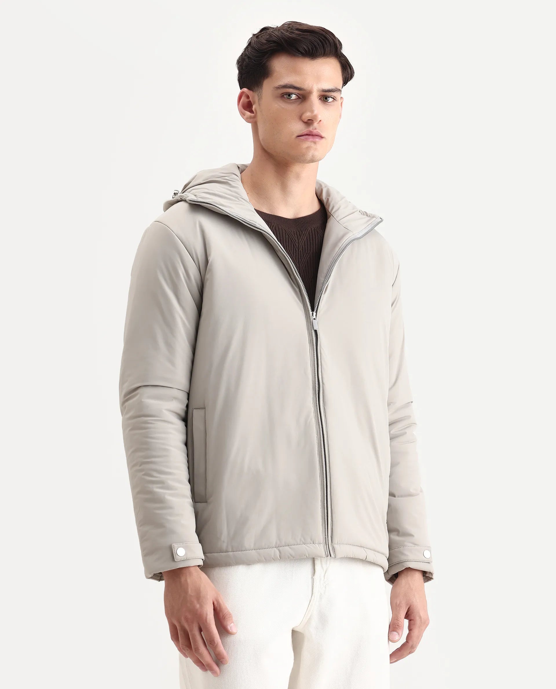 Rare Rabbit Men's Kost Light Grey Nylon Fabric High Neck Relaxed Plain Jacket - Image 6