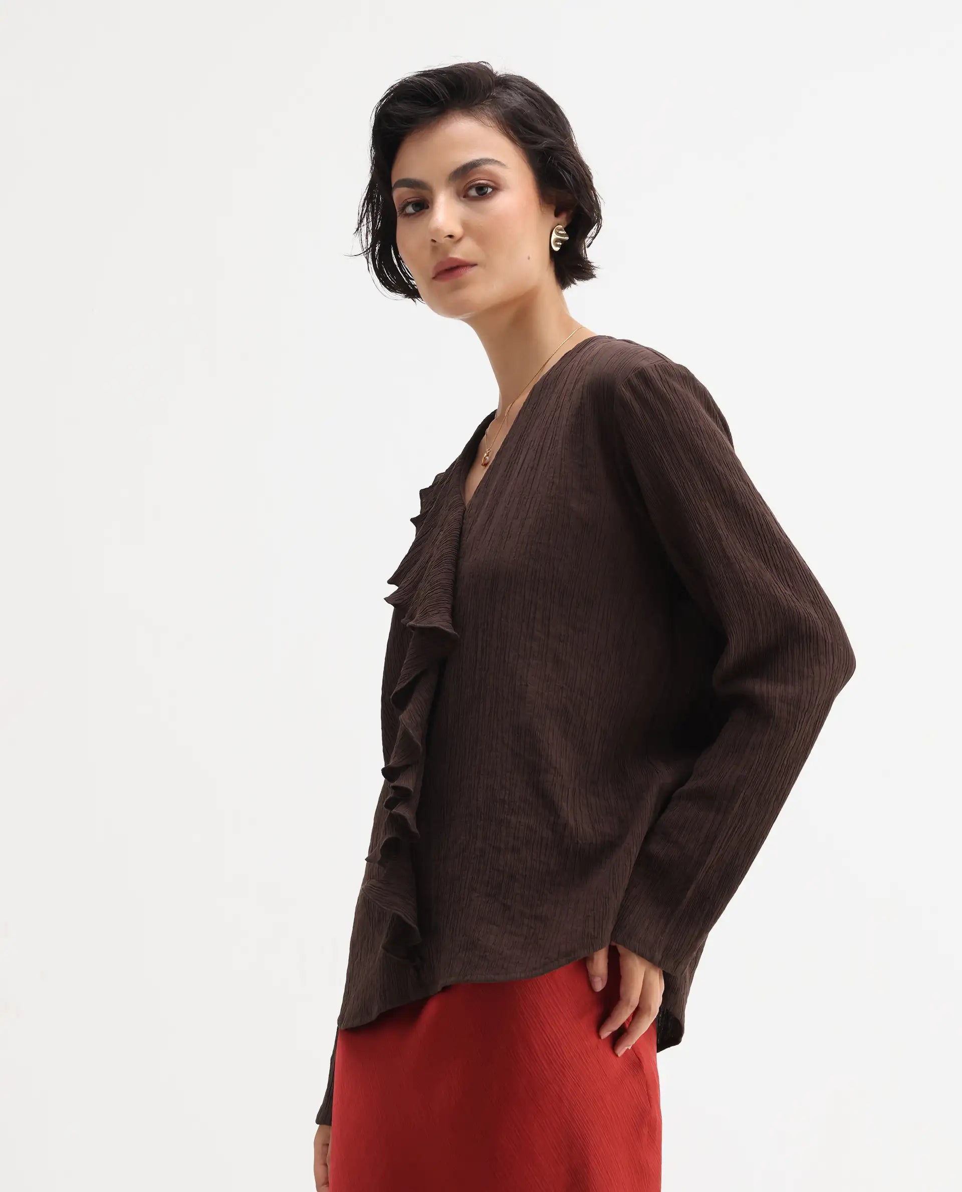 Rareism Women's Nemti-Brown Viscose Ruffled Neck Regular Fit Plain Top - Image 5